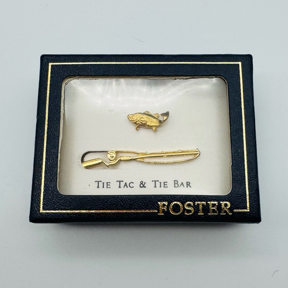 Vintage Foster Tie Tac Tie Bar Set Gold Tone Orig Box Bass Fish & Fishing Rod
